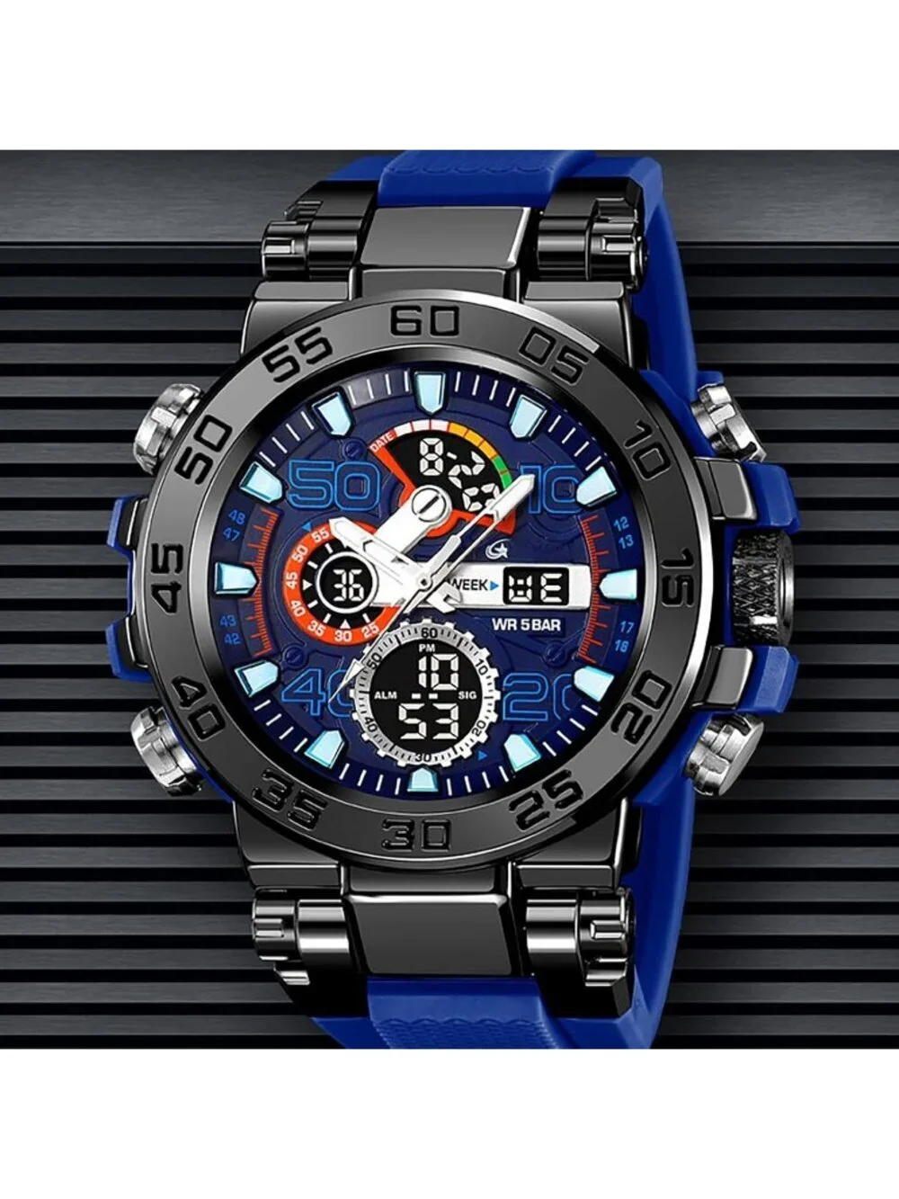 Men's Blue Analog Quartz Waterproof Sports Outdoor Military LED Digital Watch
